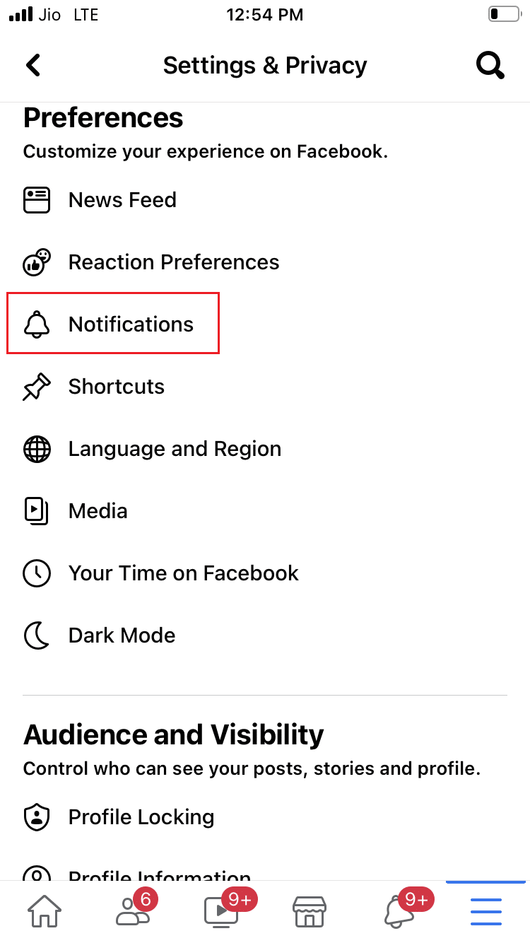 tap on Notifications in Settings and Privacy menu in Facebook iOS app