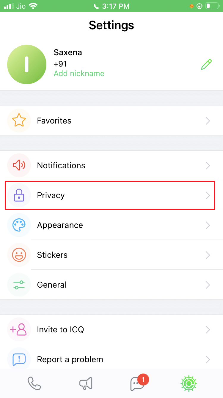 tap on Privacy option in ICQ app on iPhone