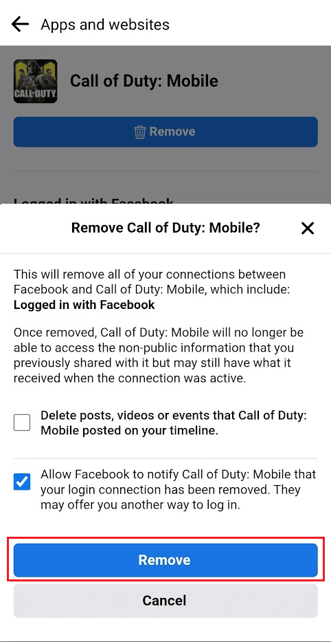 atingeți Eliminați din fereastra pop-up de confirmare | Cum să deconectați Facebook de la Call of Duty Mobile