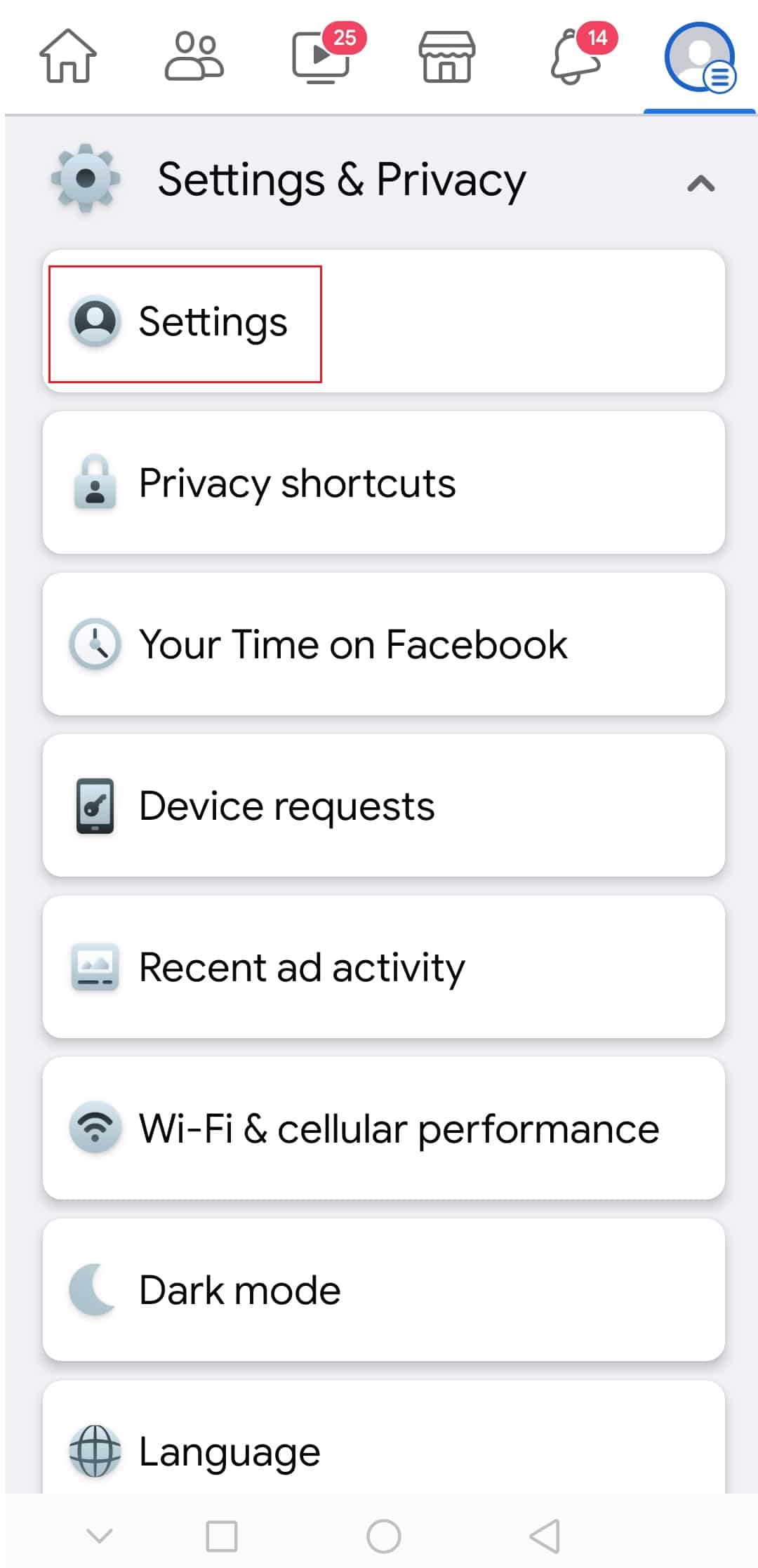 tap on Settings in Setting and Privacy menu on Facebook Android app