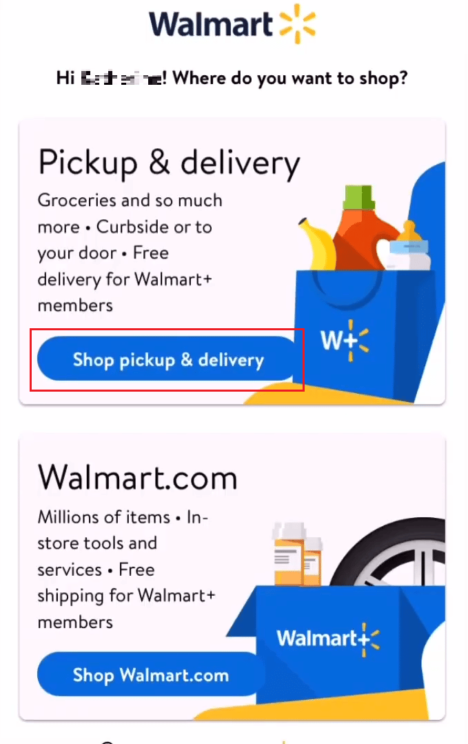 tap on Shop pickup & delivery | what happens if you don't go pick up Walmart order
