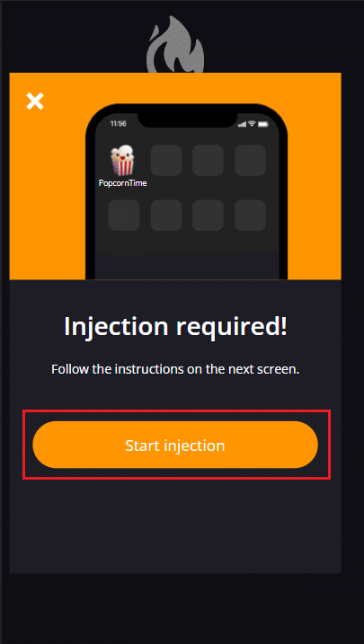 tap on Start injection option in iTweak website