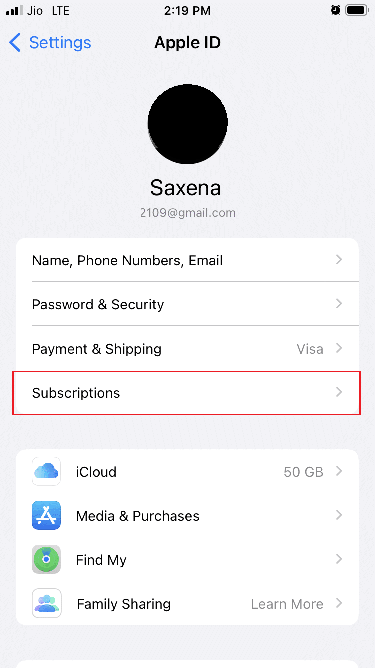 tap on Subcriptions in iphone settings. How to Delete Match Account Permanently