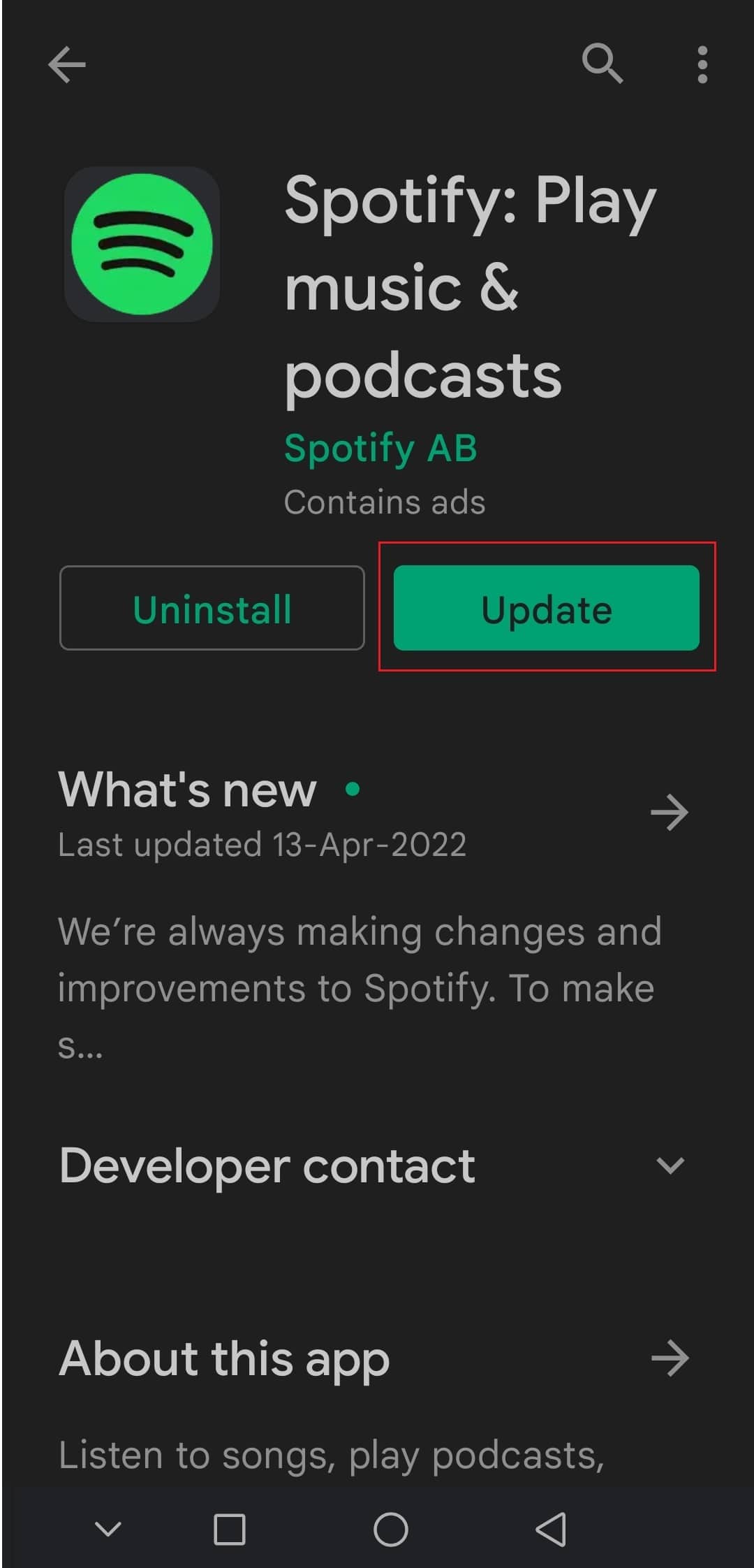 tap on Update option in Spotify Google Play Store on Android