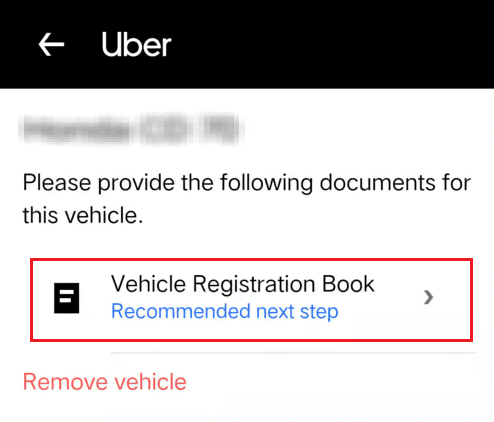 tap on Vehicle Registration Book and provide the required vehicle documents