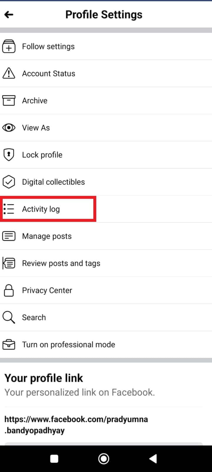 tap on activity log | How to See Your Liked Posts on Facebook App