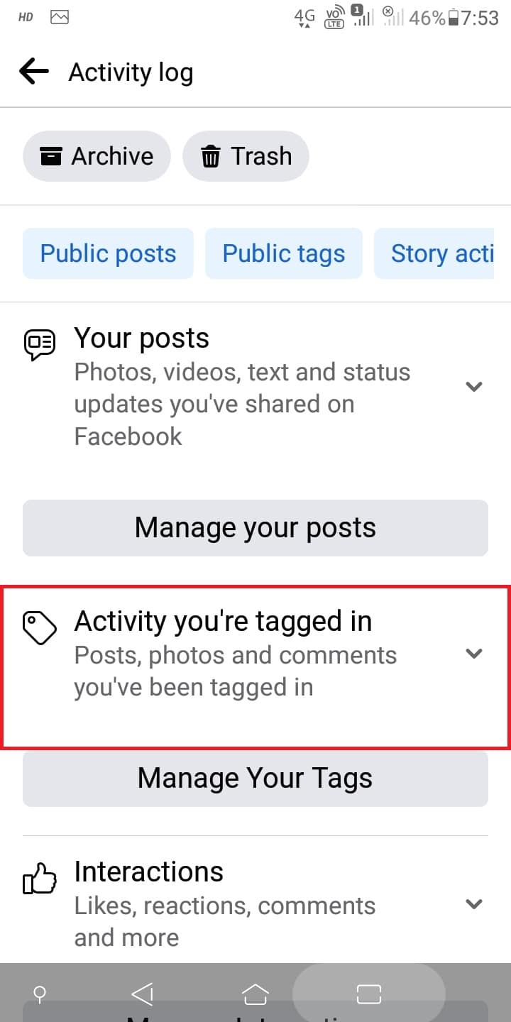 Tap on Activity you're tagged in. | How to Delete All Your Facebook Pictures