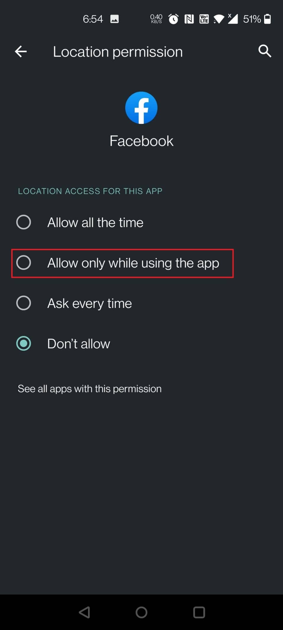tap on Allow only while using the app