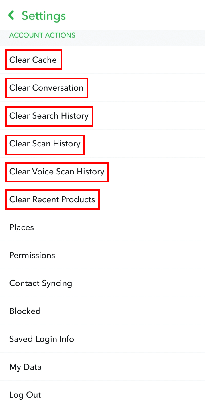 Tap on any of the options starting with Clear and follow the on-screen instructions to delete certain Snapchat data.