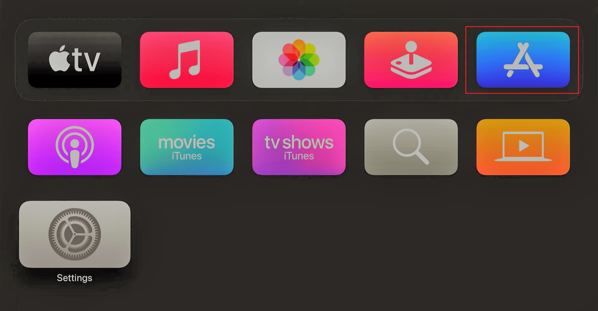 tap on app store in apple tv. Fix Hulu not working on Apple TV