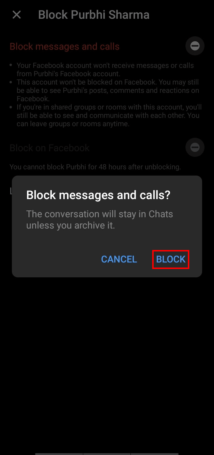 Tap on BLOCK to confirm the selection and block the person | vanish mode on Messenger