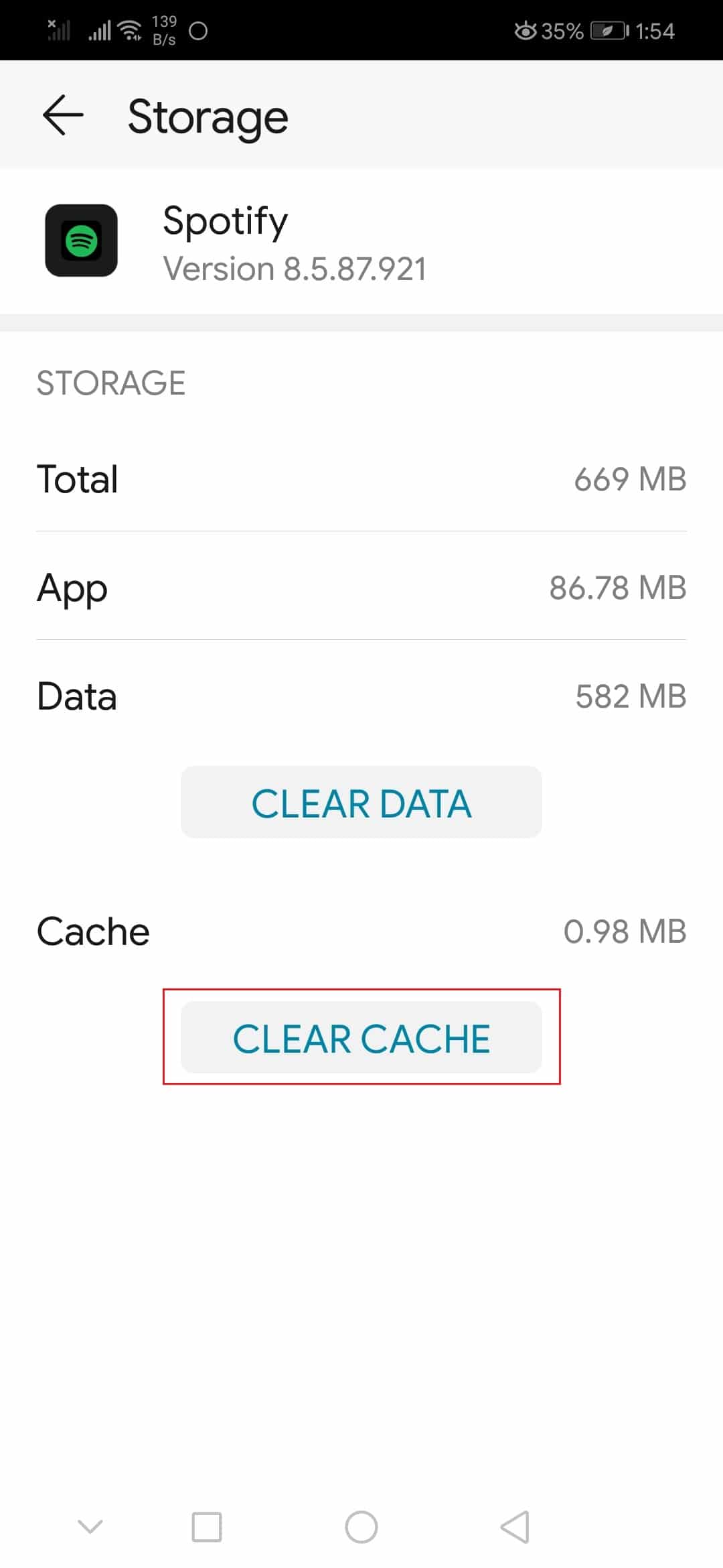 tap on clear cache option in Spotify Storage android app settings