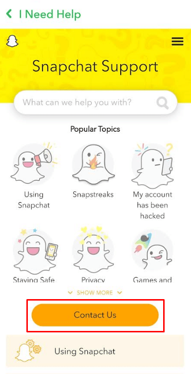toque Contáctenos. | ¿Qué es un portal de cuenta de Snapchat?