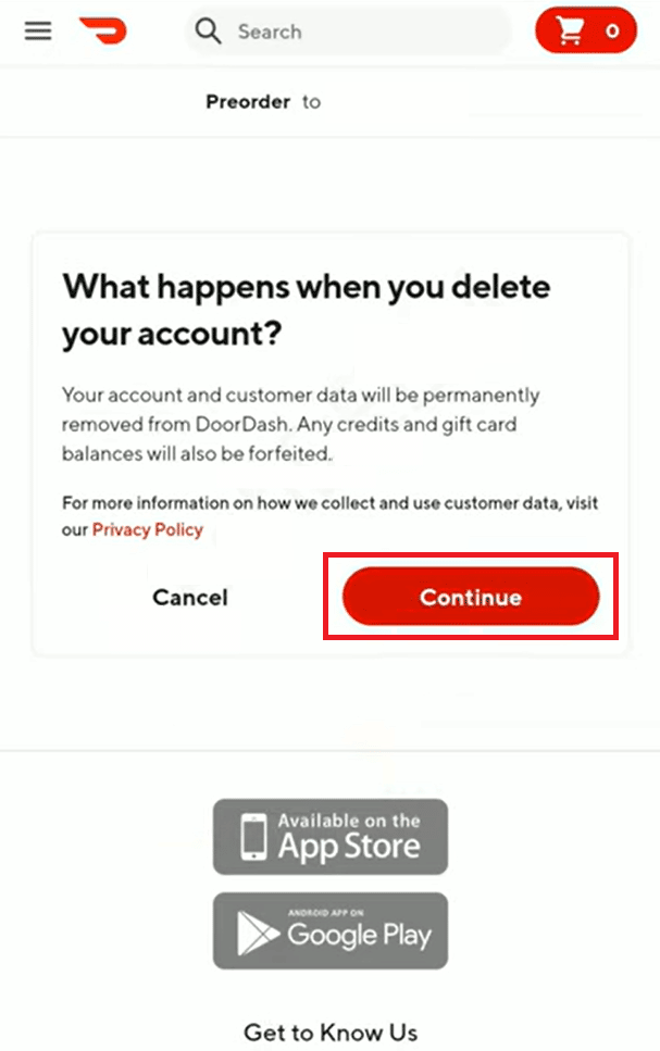 Tap on Continue | DoorDash deactivate account
