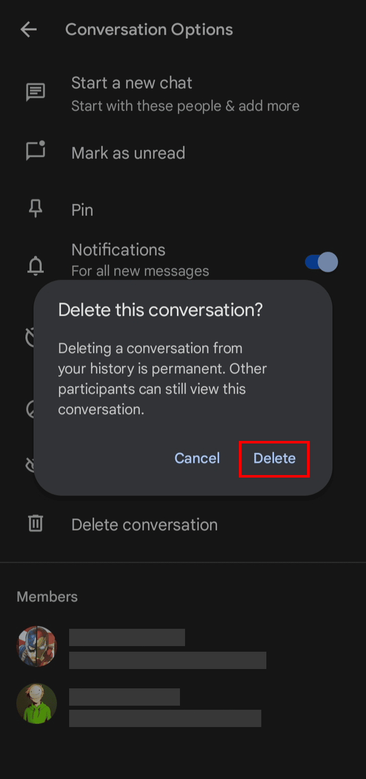 Tap on Delete from the dialog box that appeared on the screen to delete all the messages of the chat. | How to Delete Messages on Google Chat