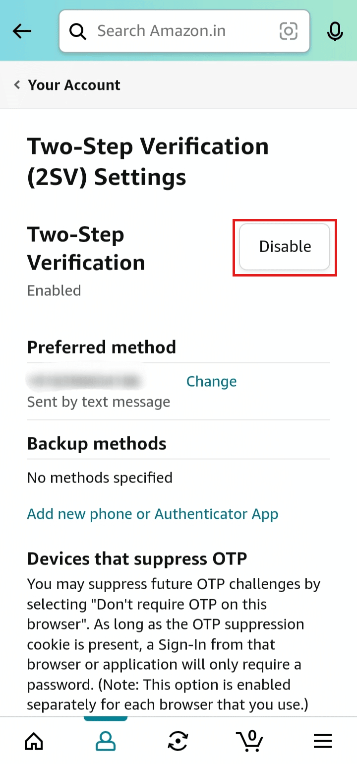 Tap on Disable button. | bypass Amazon OTP verification