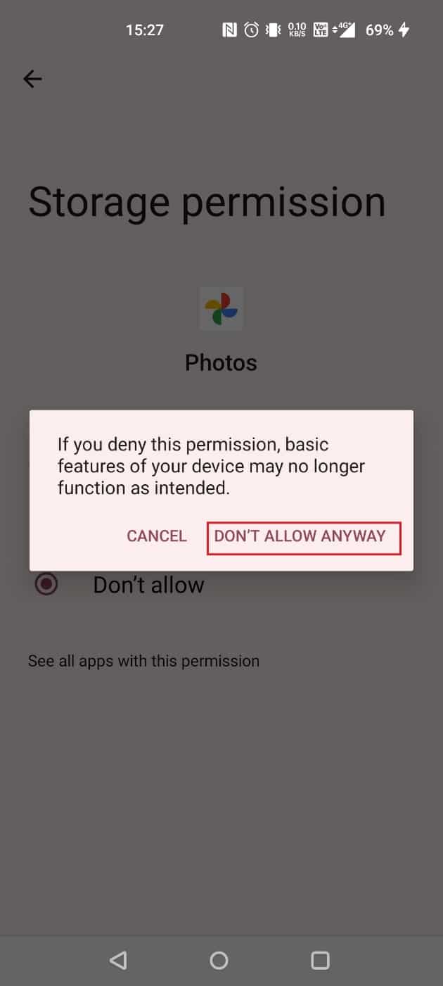 Tap on DON’T ALLOW ANYWAY | How to Delete Google Auto Backup Pictures | stop Google Photos from saving photos