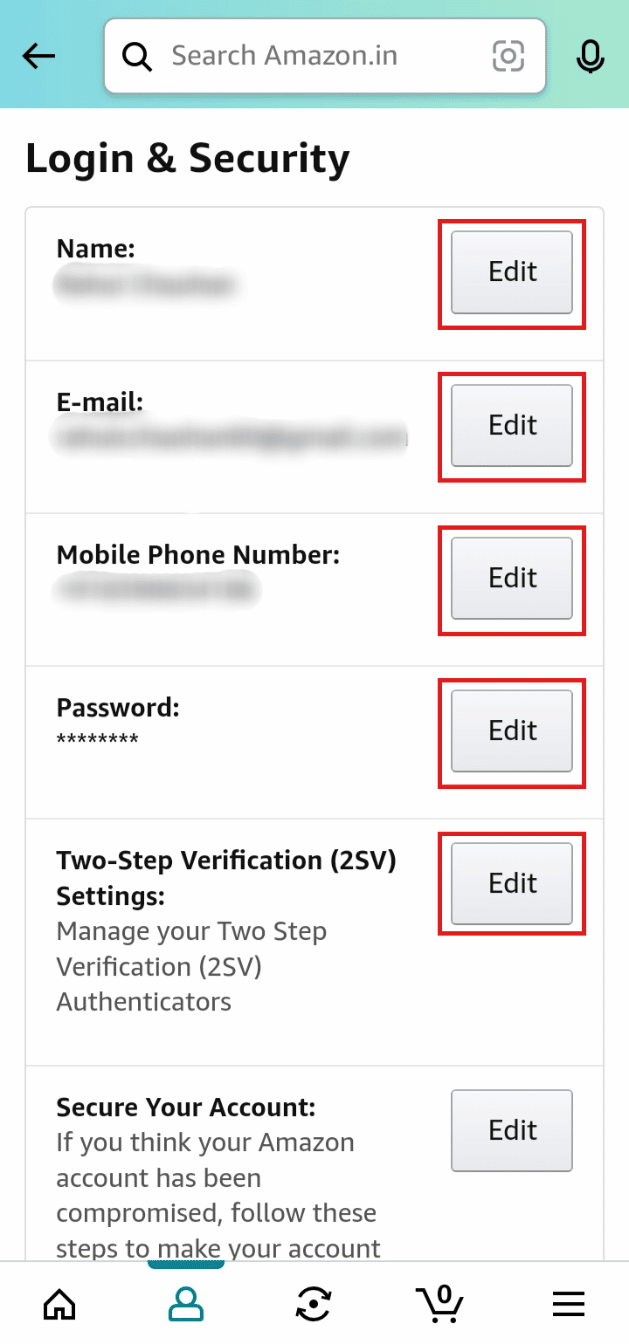 Tap on Edit beside Name, E-mail, Mobile Phone Number, Password, and Two-Step verification to change the account details.