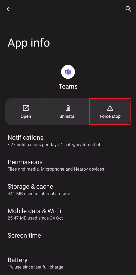 tap on Force Stop. Fix Microsoft Teams You Cant Send Messages Error