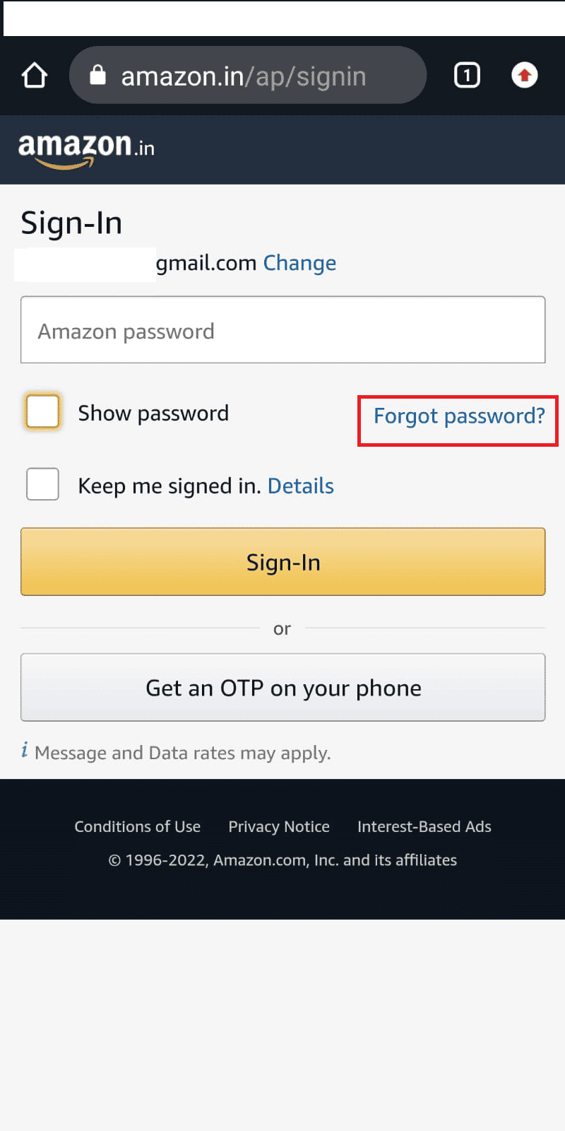 tap on Forgot password under the Amazon password field | reset Amazon account