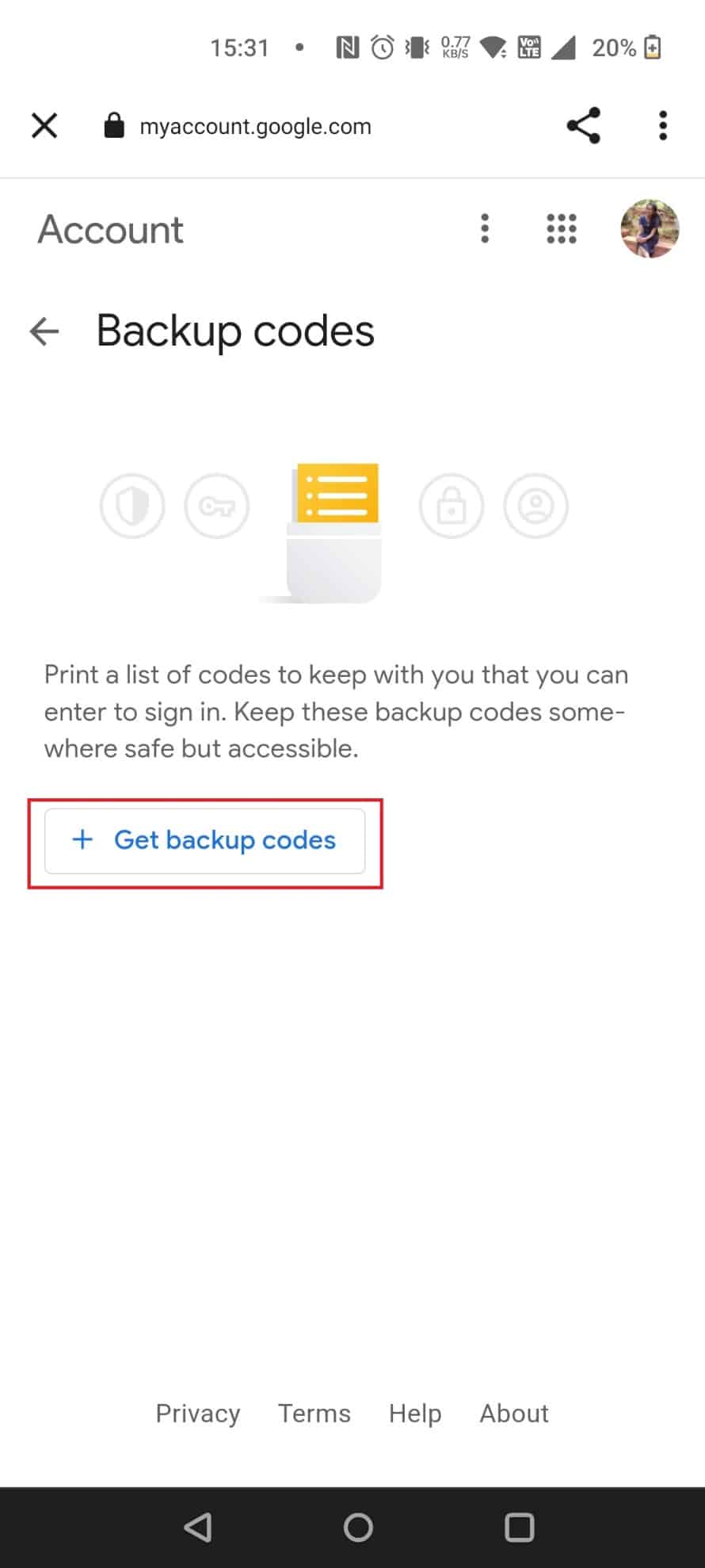 Tap on Get backup codes | open Gmail without password and verification code