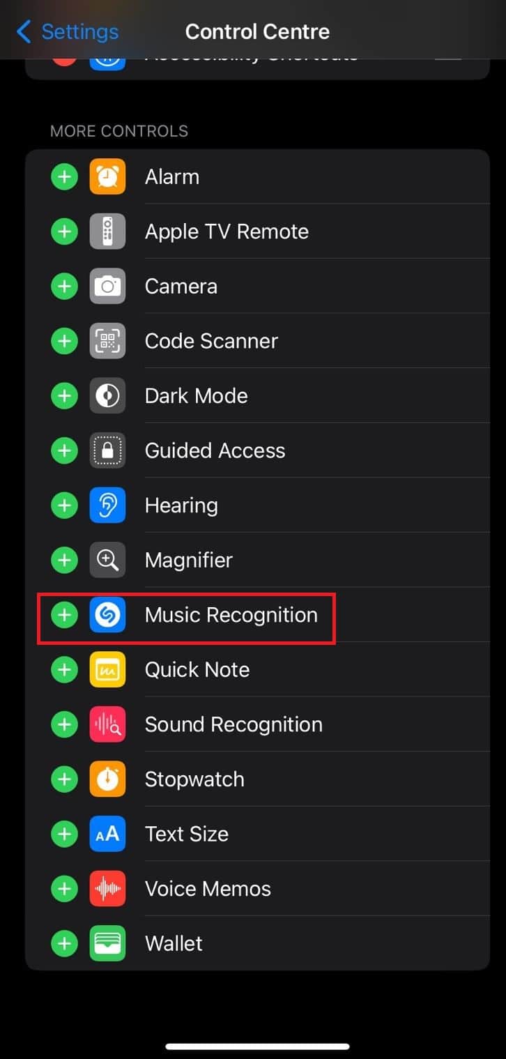tap on green plus sign next to music recognition to add it to Control Centre.