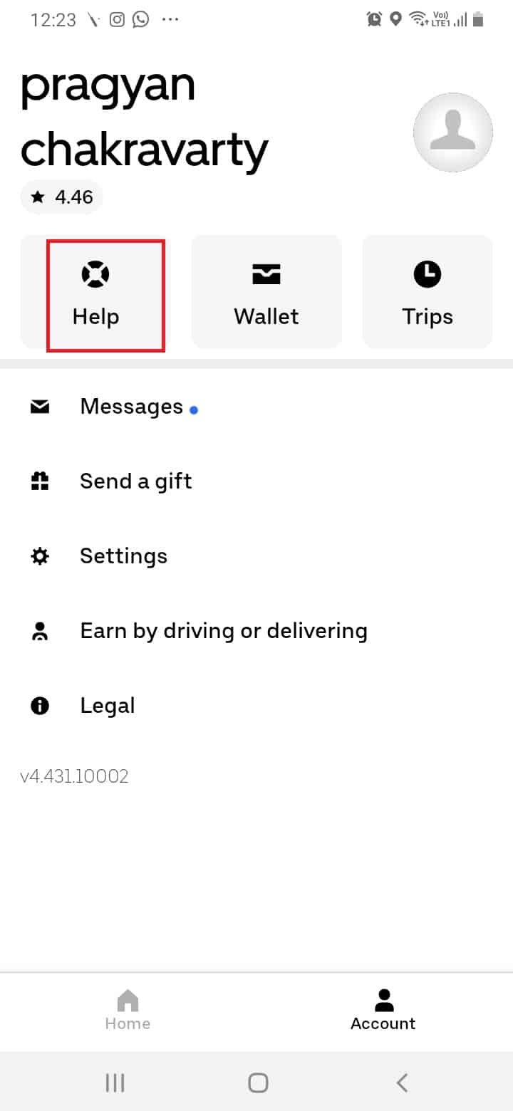 Tap on Help | How to Delete Uber History