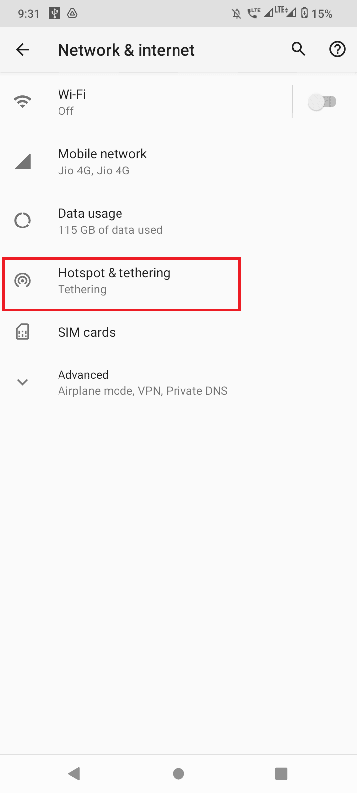 tap on hotspot and tethering