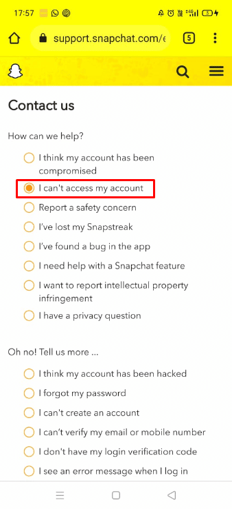 Tap on I can’t access my account | How Do I Get My Old Snapchat Account Back