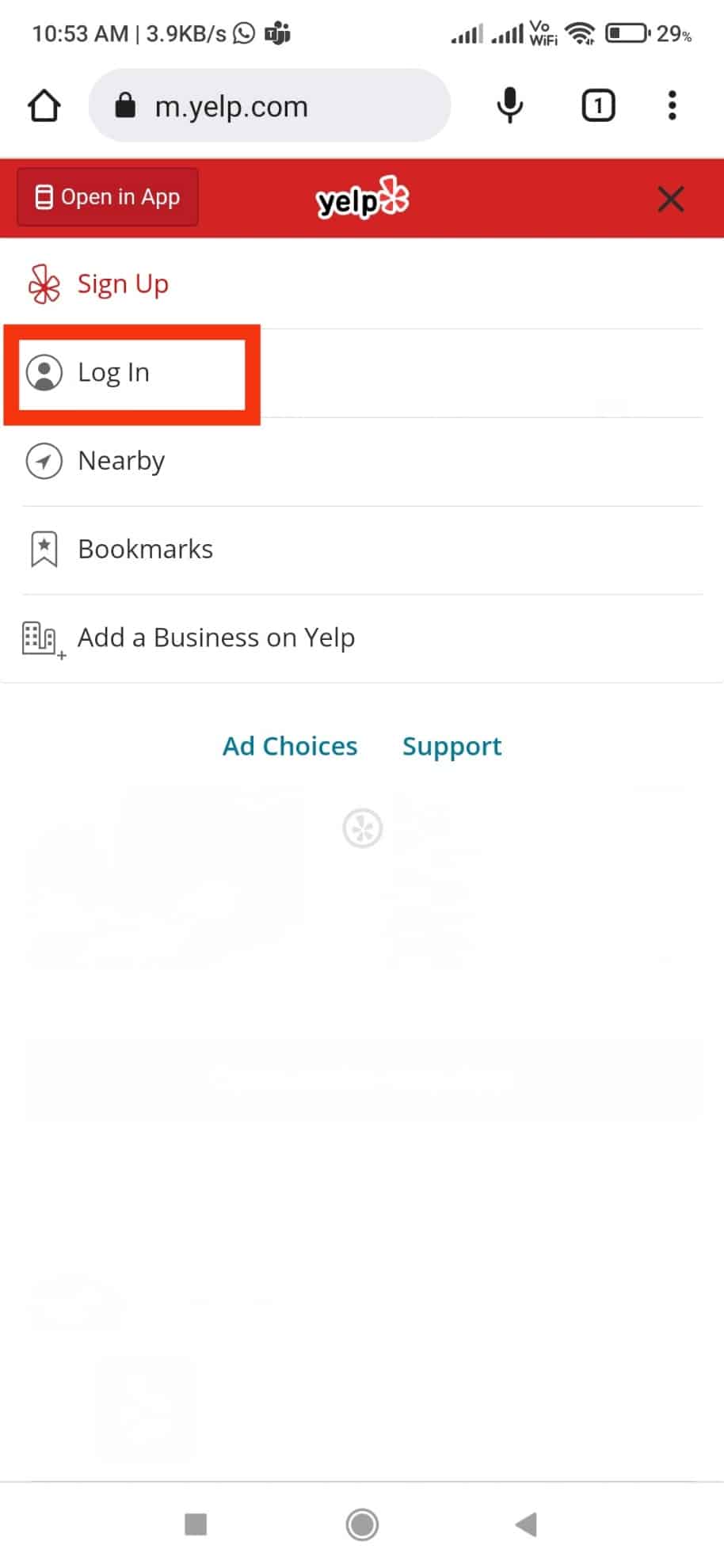Tap on login button. | How to Create Account on Yelp
