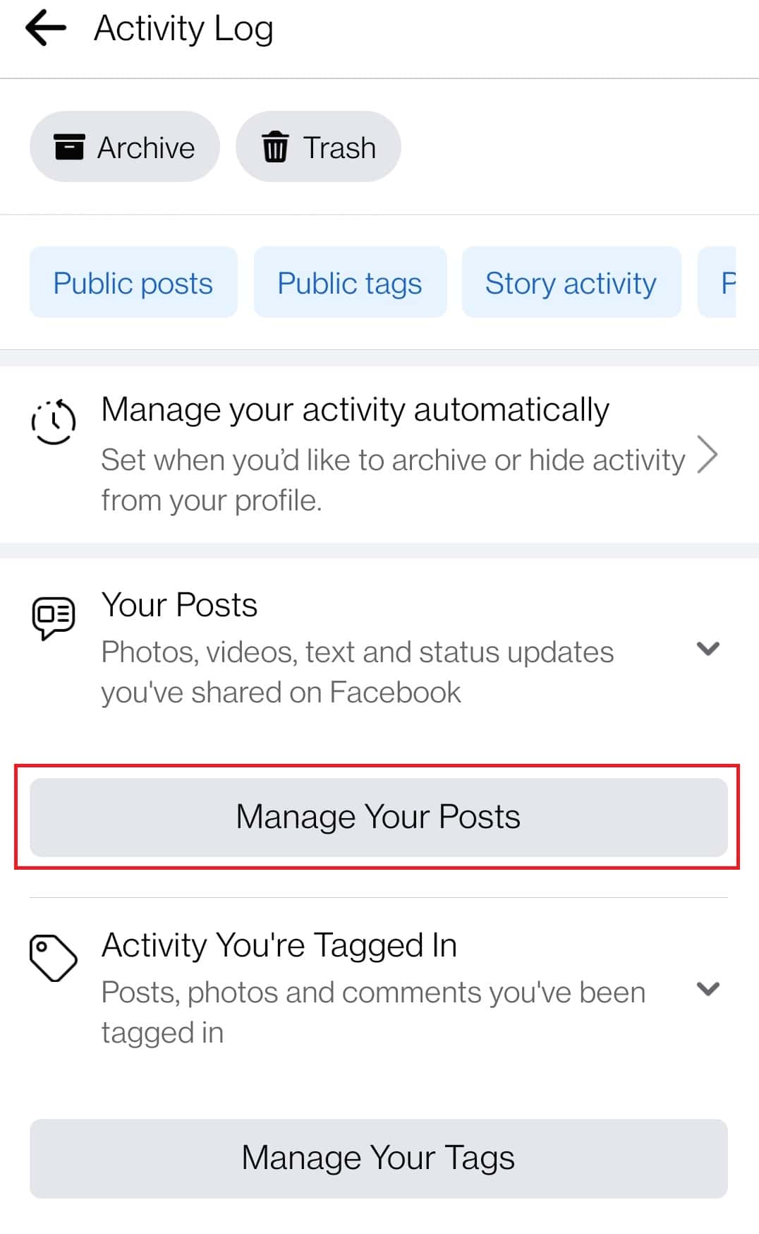 Tap on Manage Your Posts | How Do I Delete All Activity Log on Facebook