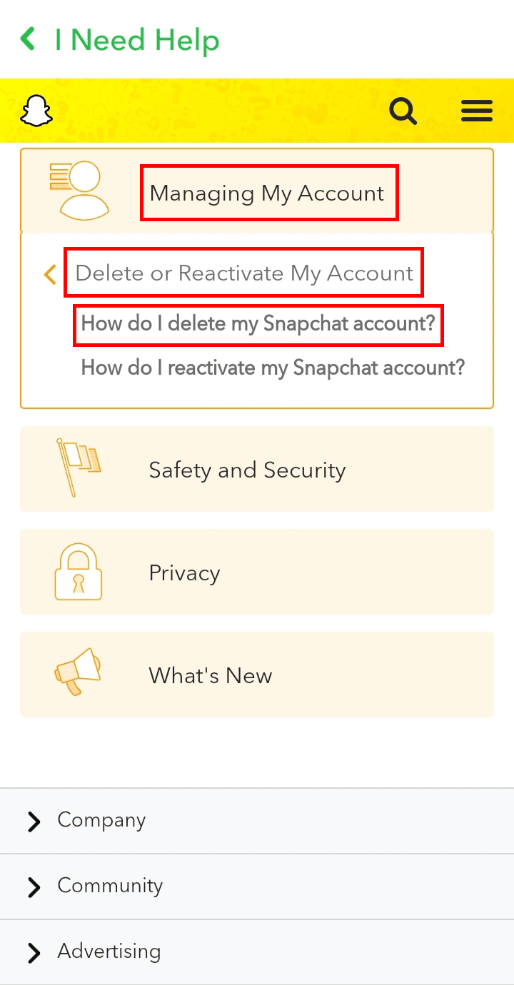 Nhấn vào Quản lý tài khoản của tôi - Xóa hoặc kích hoạt lại tài khoản của tôi - Làm cách nào để xóa tài khoản Snapchat của tôi?