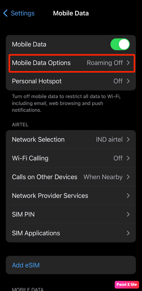 tap on mobile data options