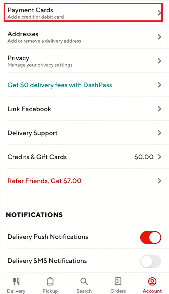 Tap on Payment Cards | How to Remove DoorDash Card as Payment Method