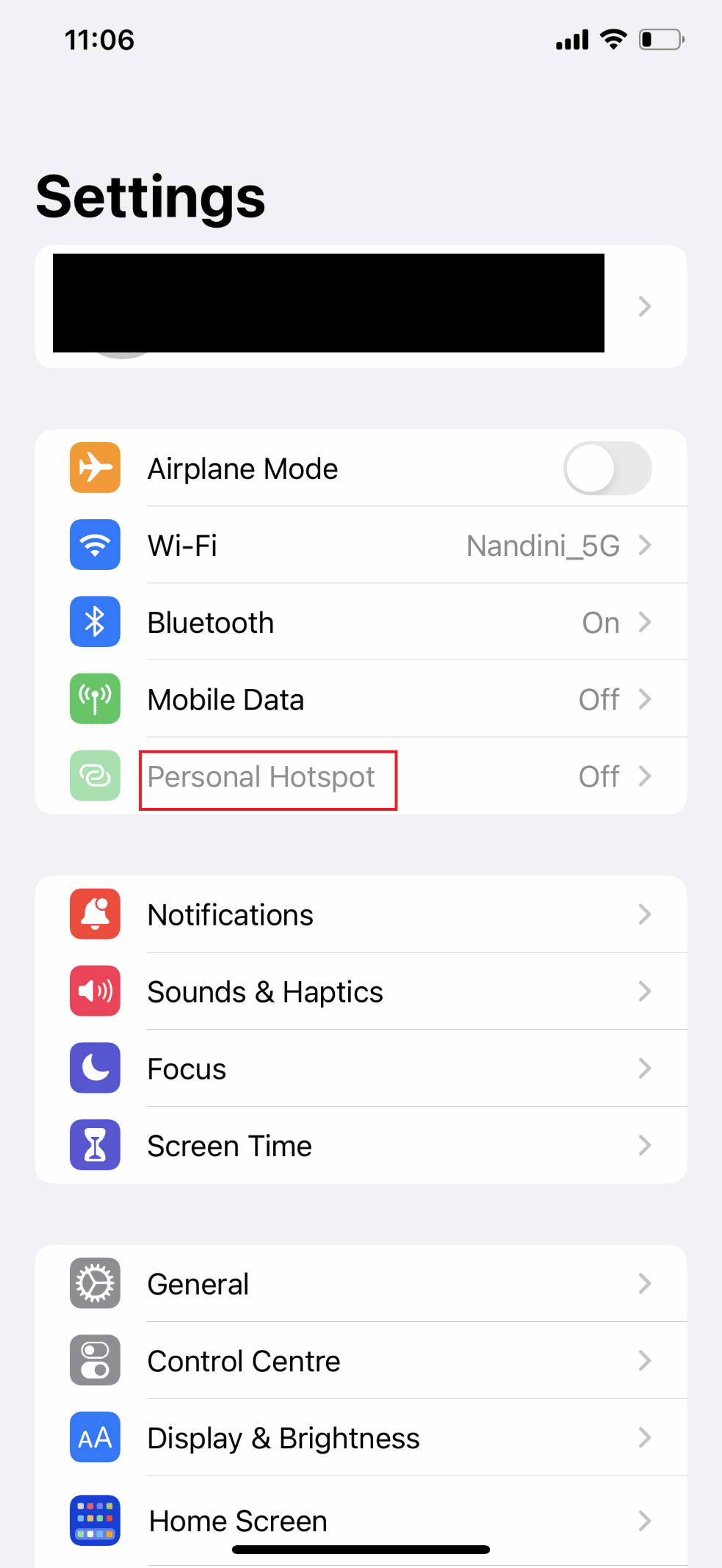 tap on Personal Hotspot.