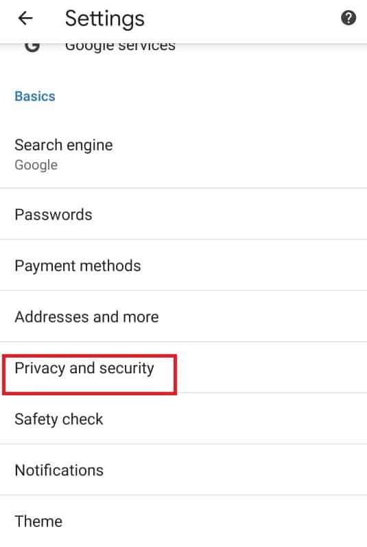 点击隐私和安全。