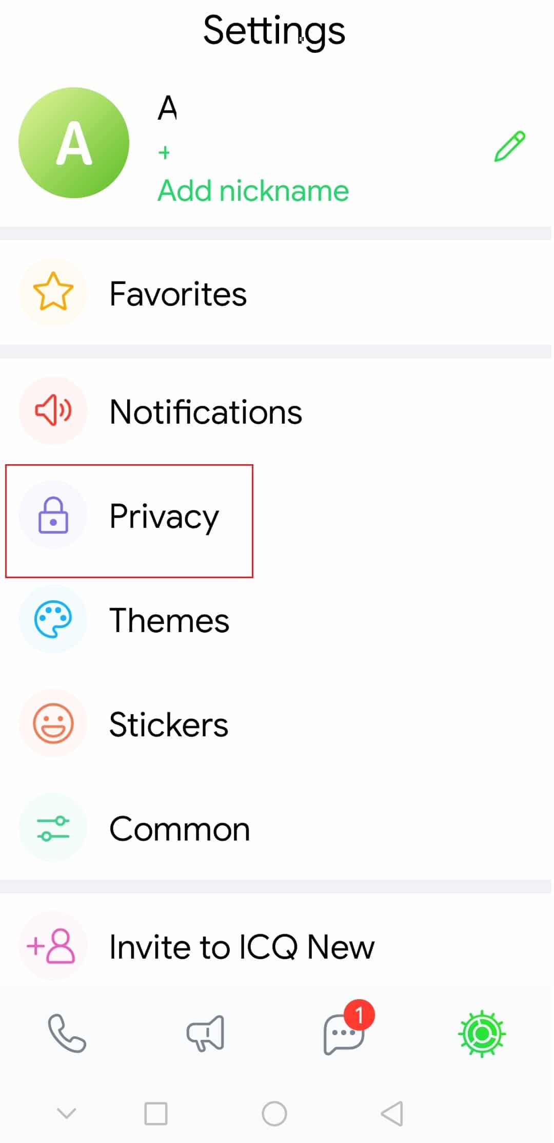 tap on privacy option in ICQ New android app