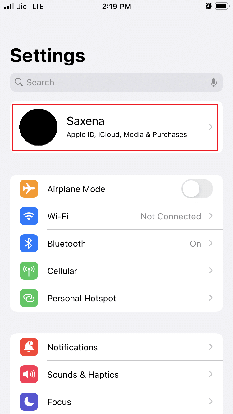 tap on profile option in iPhone settings