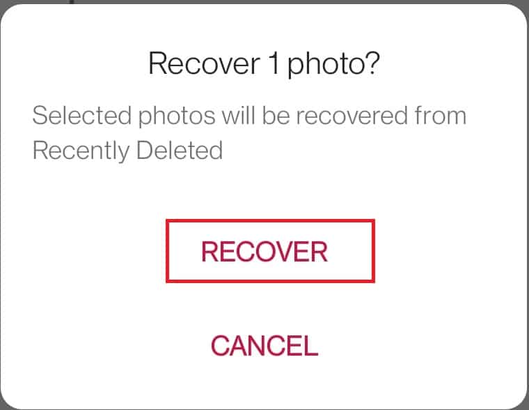 tap on RECOVER in the pop-up