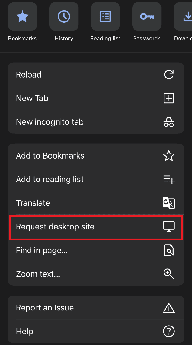 Tap on Request desktop site