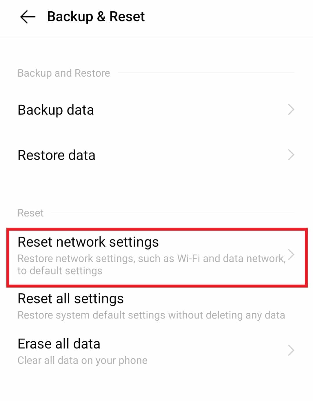Érintse meg a Hálózati beállítások visszaállítása elemet. 8 Javítások a Wi-Fi hívási ER01 hibához, érvénytelen tanúsítvány