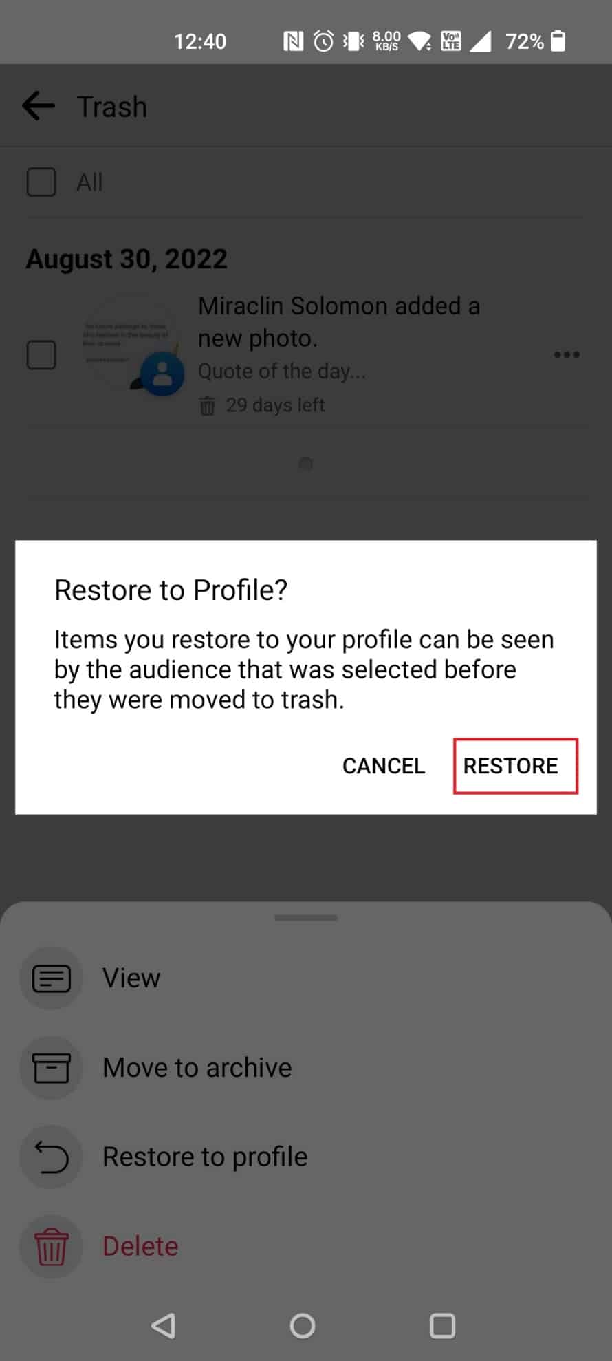 Tap on RESTORE in the pop-up | retrieve deleted Activity Log on Facebook