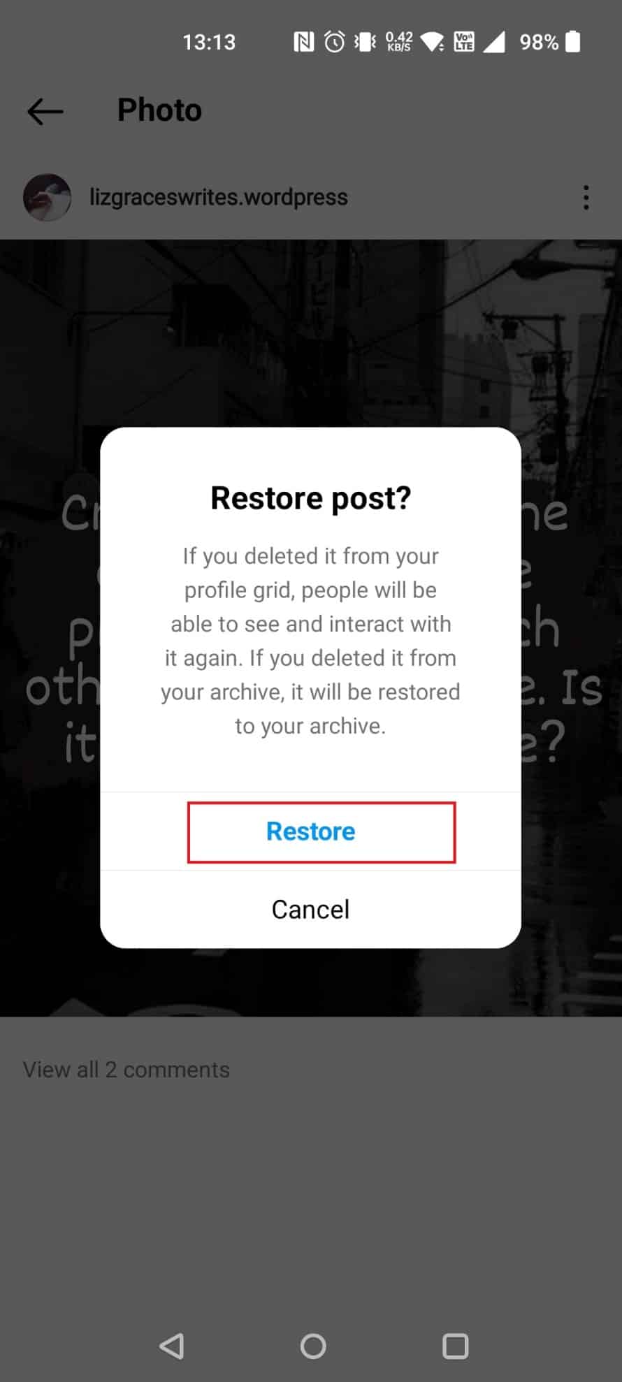 tap on Restore in the pop-up