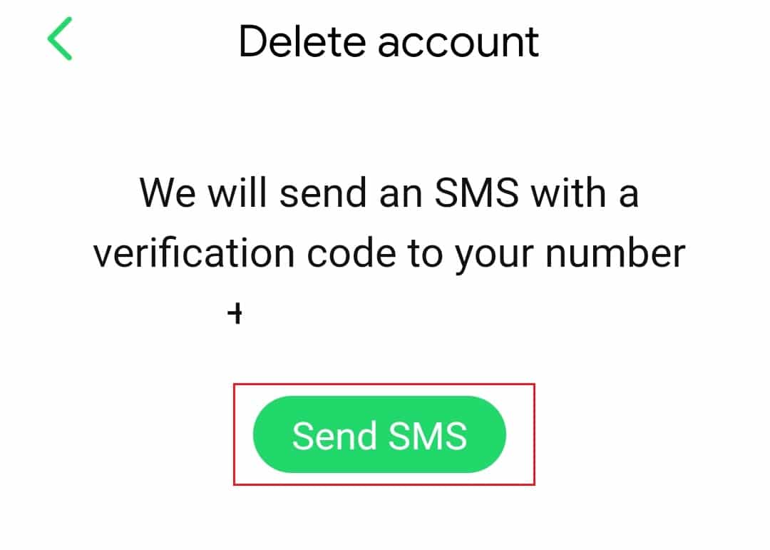 tap on send SMS in Delete account menu in IRC New android app
