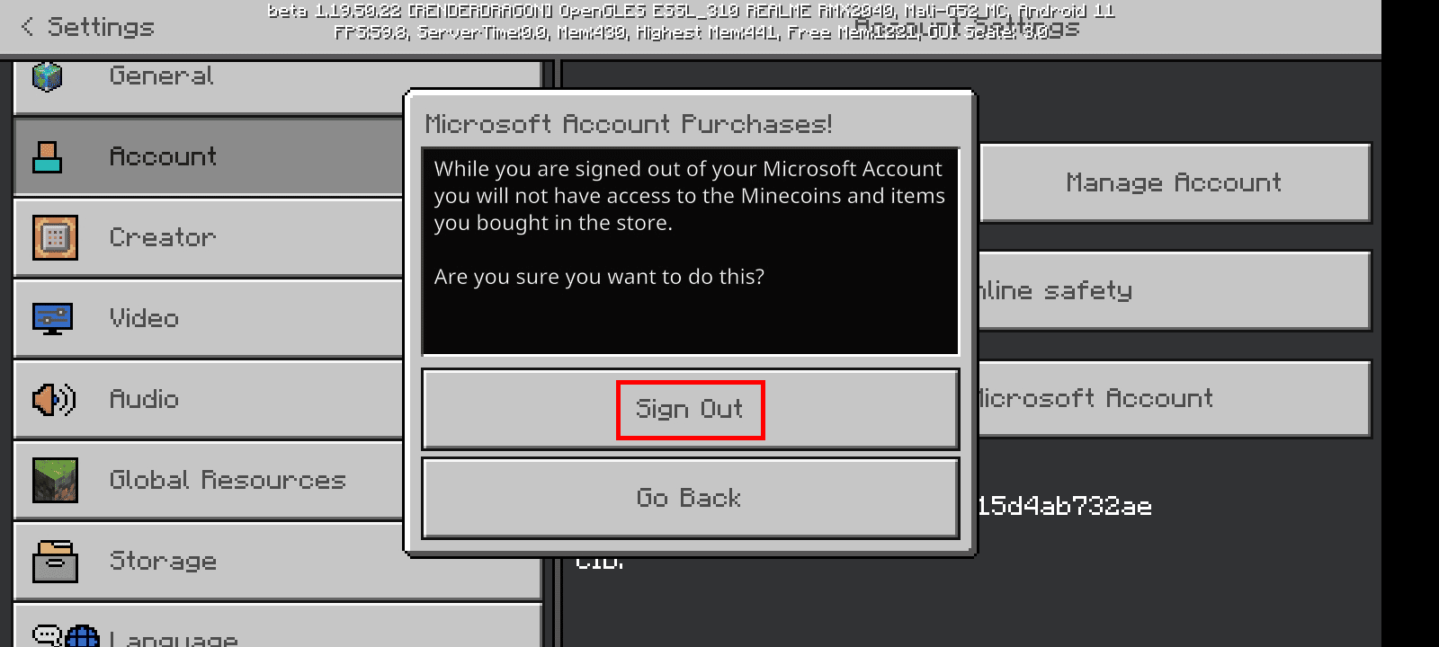 Tap on Sign Out to remove your Microsoft account from Minecraft PE.