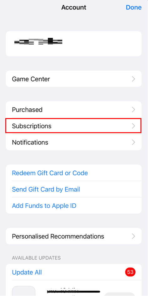 tap on subscriptions in App Store Profile iPhone