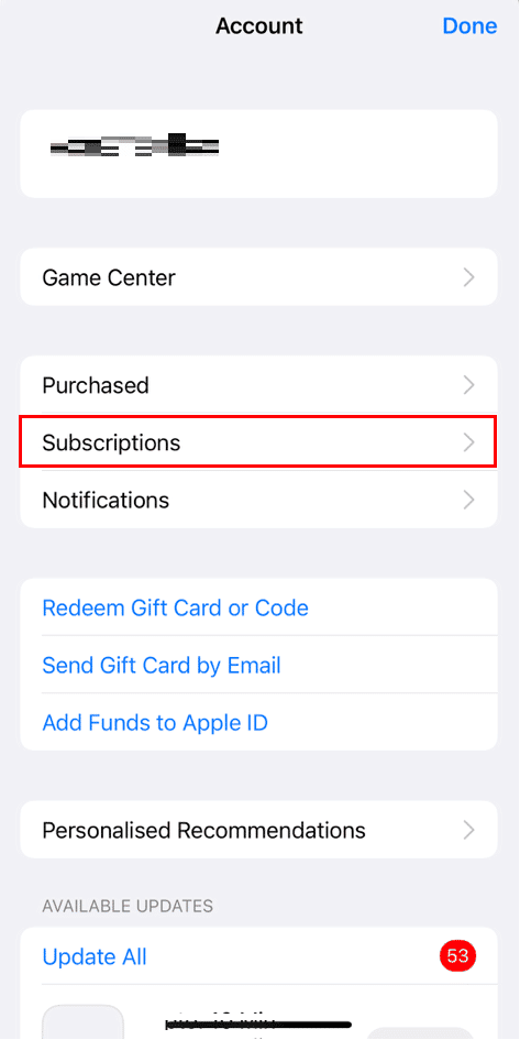 tap on subscriptions in App Store Profile iPhone
