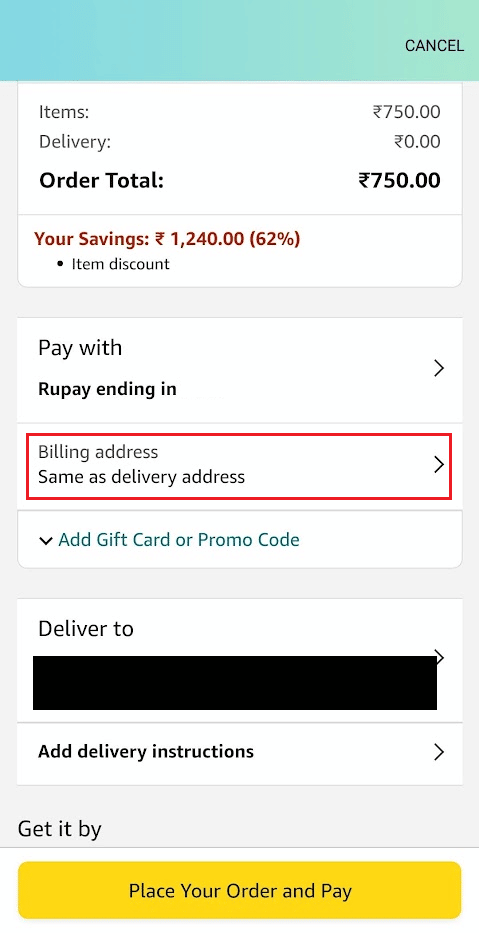 tap on the Billing address option from the Pay with section | How to Change Billing Address on Amazon