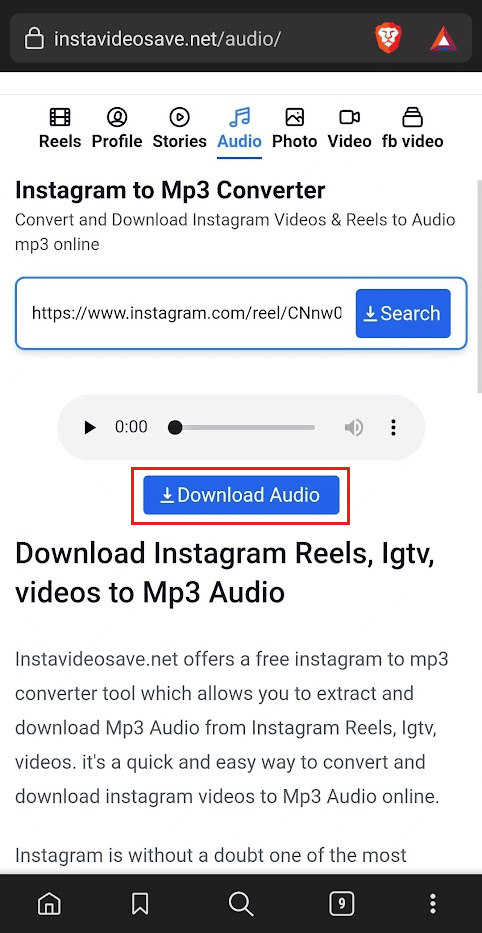 tap on the Download Audio option to save the IG audio on your phone storage