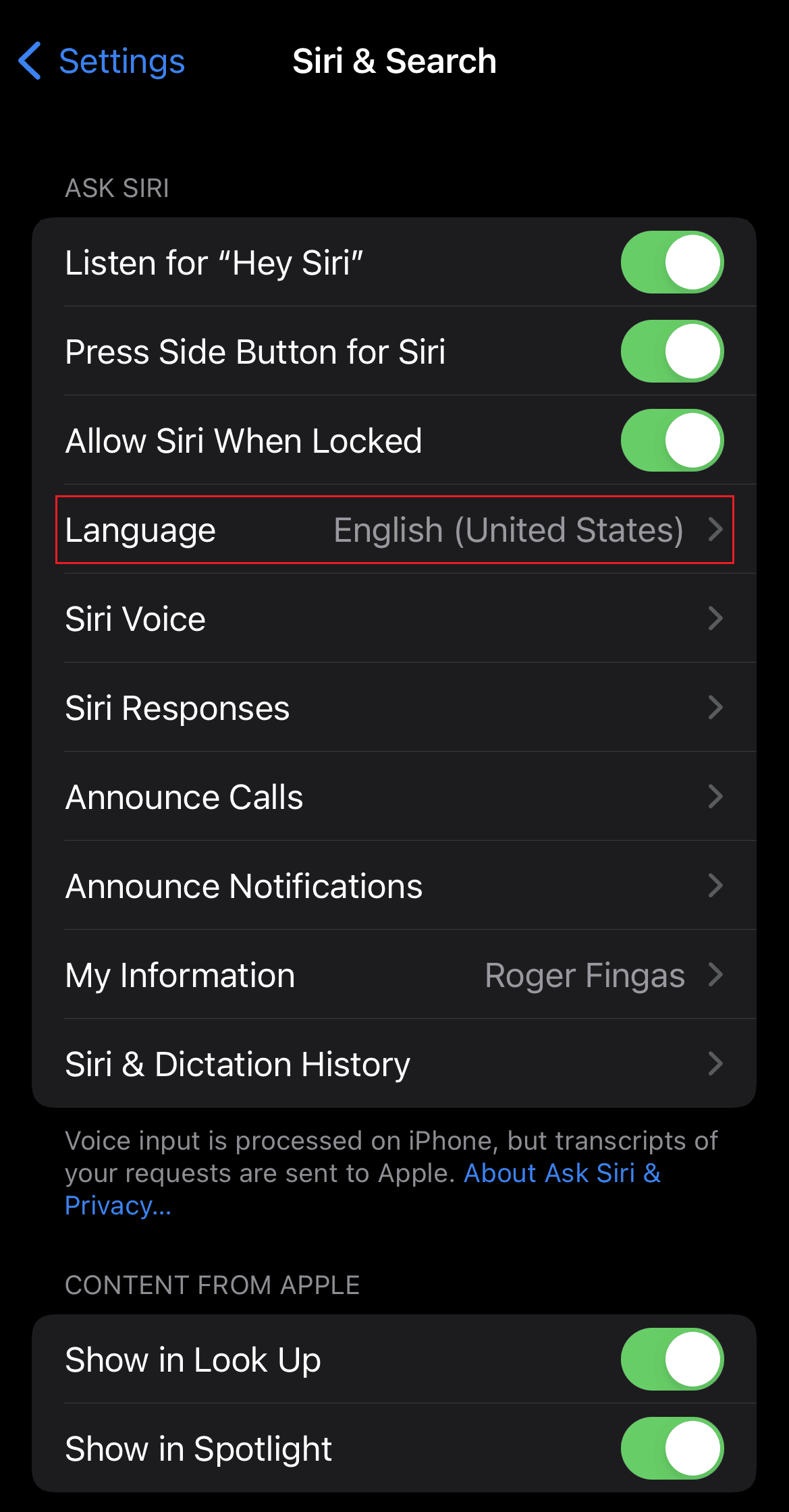 нажмите на опцию «Язык» и выберите нужный язык из списка | Привет, Siri не работает
